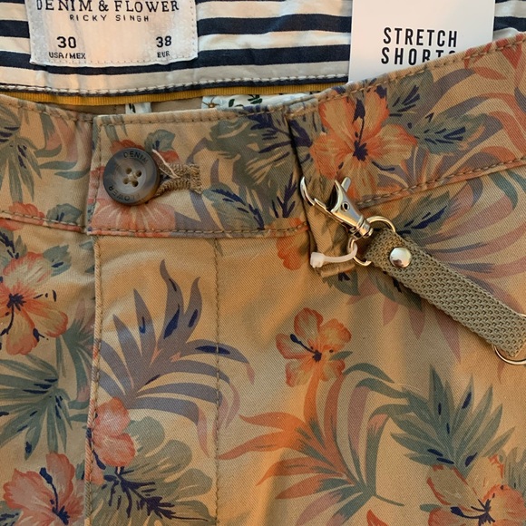 Denim & Flower Men's Floral Chino Shorts - Tan with Green & Orange Accents - Picture 3 of 12